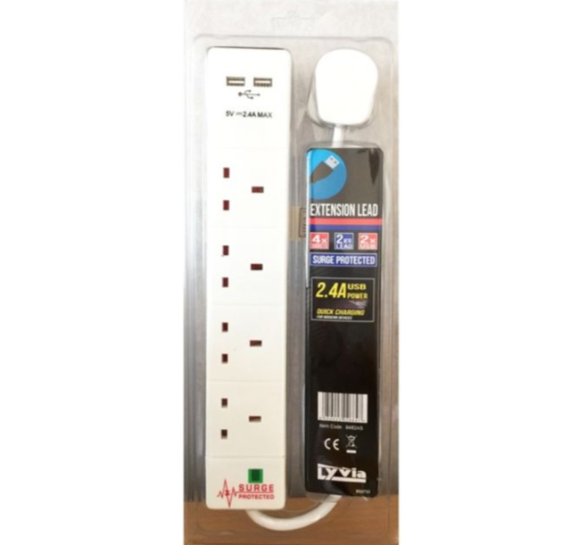 USB Extension Lead 4 Way With Surge Protection 2 Metre