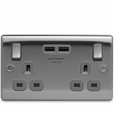 Double Switched Socket with 2 x USB Brushed Stainless Steel - BG Nexus