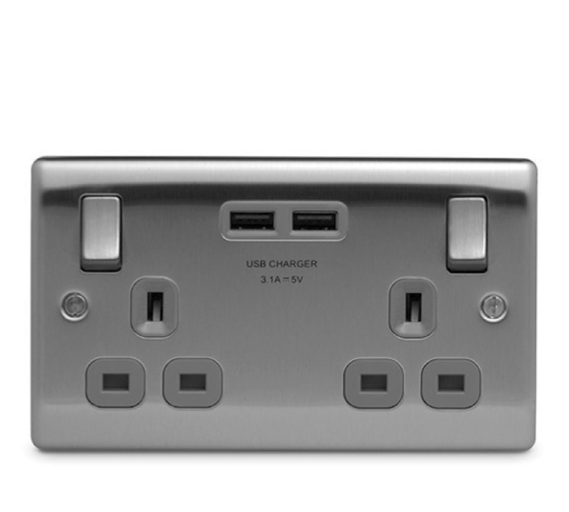 Double Switched Socket with 2 x USB Brushed Stainless Steel - BG Nexus