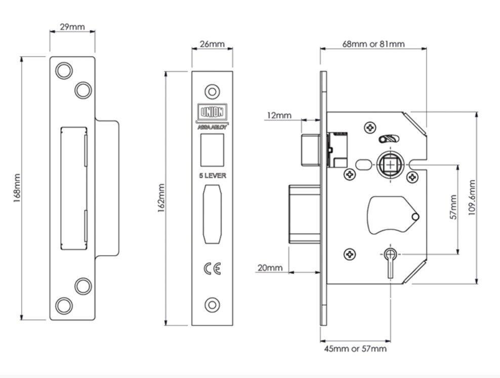 Union StrongBOLT 5 Lever Mortice Sashlock Brass 68mm 2.5in