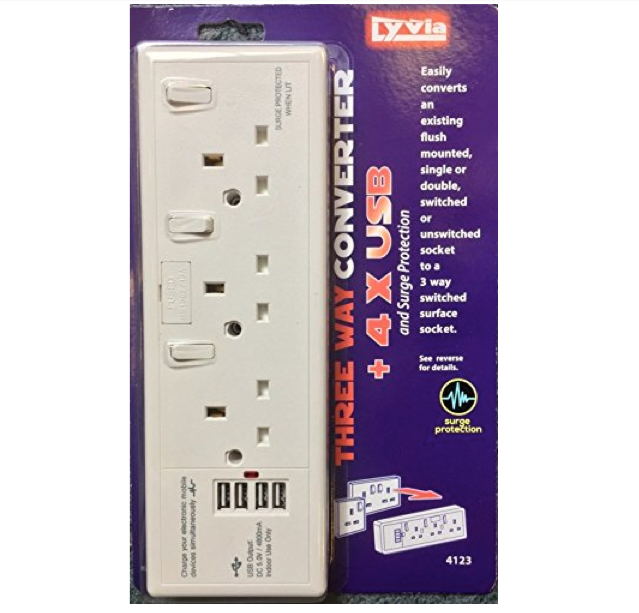 1 to 3 Socket Converter with USB White Lyvia 4123